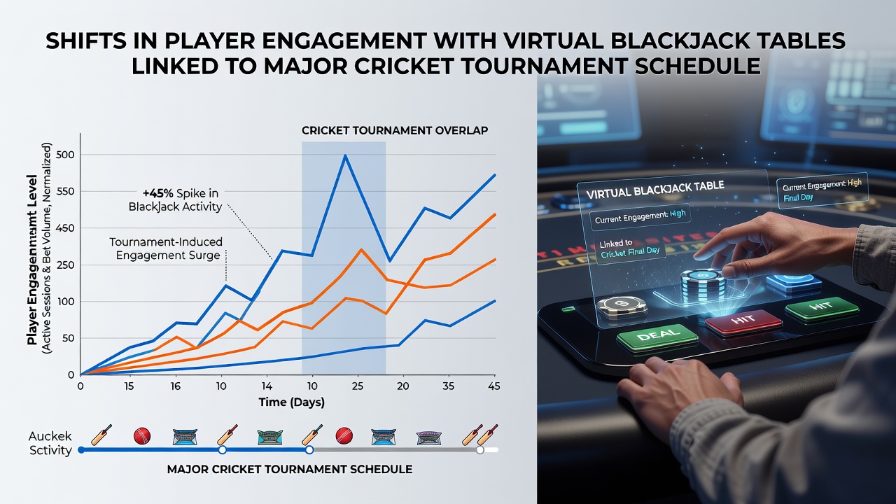 Analytics dashboard displaying player activity graphs during cricket tournament periods with virtual blackjack metrics overlaid